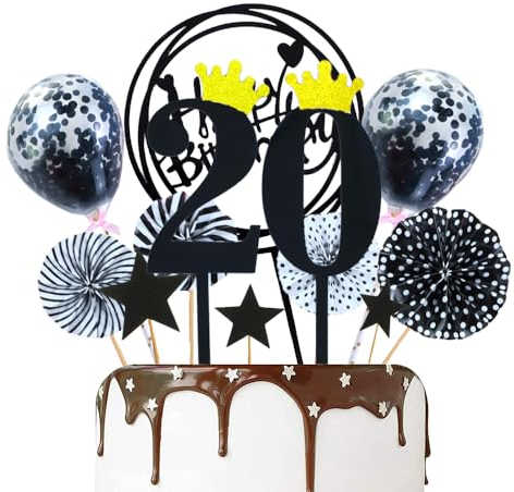 ZWWsullo Tortendeko 20 Schwarz Happy Birthday Tortendeko Glitzer Happy 20th Birthday Cake Topper tortendeko 20 geburtstag junge kuchendeko 20 geburtstag junge essbar 20 Geburtstagstorte Topper