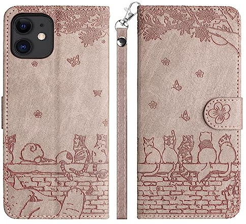 Aisenth Handyhülle für iPhone 12 Mini/iPhone 13 Mini (5,4 Zoll), Katze, Schmetterlings Muster Leder Handytasche Brieftasche Klapphülle Etui Schutz Hülle mit Ständer, Kartenfächer -Gräulich Violett