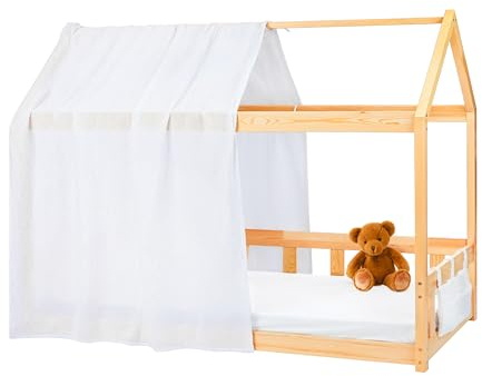 Lovely Hippo Hausbett Himmel - 100% Baumwolle - Betthimmel Hausbett aus Musselin - Bett Vorhang Kinderbett - Himmelbett Vorhänge 90x200cm (Weiß/Gold Tasche, 120 x 370 cm (1er Set))