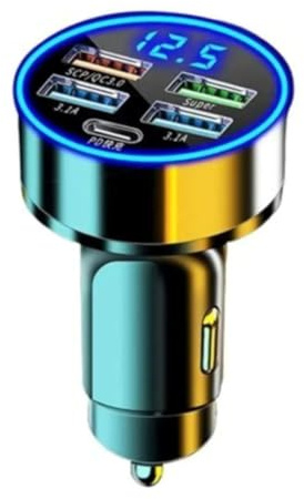RDRKR 120W 5-Port Car Charger with PD Fast Charging & LED Voltage Display – USB C Cigarette Lighter Adapter (4 USB + 1 PD) for iPhone, Android & Multiple Devices