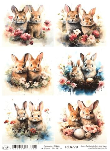Josys Bastelmärchen Reispapier A4 Strohseide Ostern 2 Süße kleine Häschen Hasen Blumen RE6779