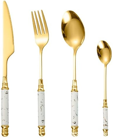 Juego De Cubiertos 4 Piezas De Cubiertos De Acero Inoxidable Mango De Cerámica Mármol Bistec Cubertería Cuchara Cuchara De Postre Cubiertos Blanco