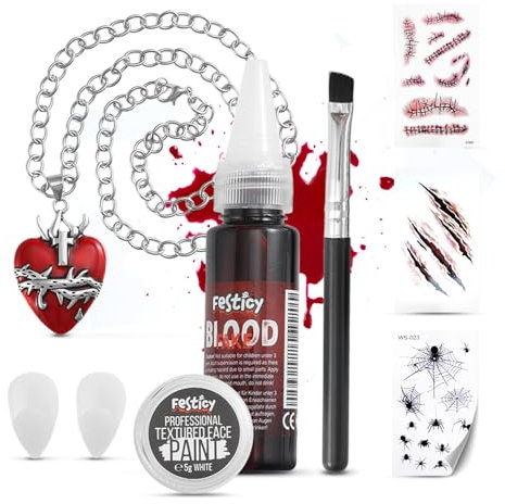 Festicy Vampir Zubehör 2025 Set I Kunstblut Halloween, Vampir Zähne, Tattoos, weiße Gesichtsfarbe mit Pinsel und Halskette I Vampir Accessoires Damen als Halloween Deko für Kinder und Erwachsene