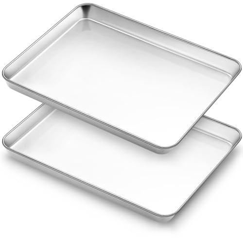 Baking Tray Set of 2, Bastwe Stainless Steel Oven Trays, Rectangle Baking Sheets Pans Perfect for Cooking Serving, Non Toxic & Rust Free, Mirror Finished & Dishwasher Safe(12 x 10 x 1 inch)