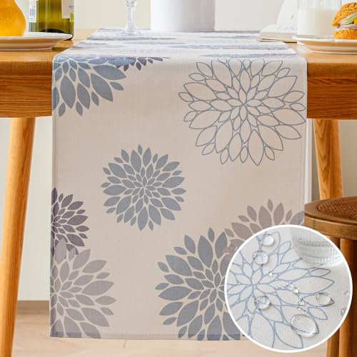 Vorysum Tischläufer Blumen Hellblau Dahlien Tischläufer Modern Wasserabweisend Leinen,Dekoration Tischdecke Outdoor Sommer Garten für Hochzeit Esszimmer Party Urlaub Dekor 33 x 183 cm