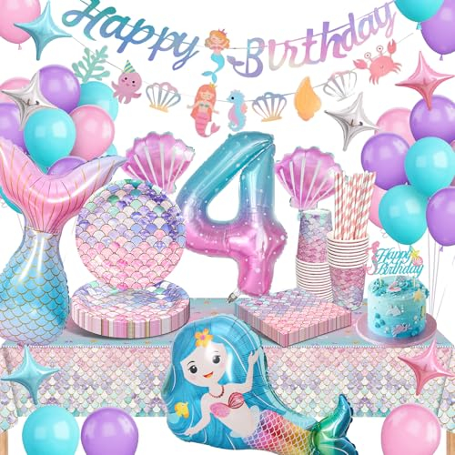 Meerjungfrau Partygeschirr Set, Meerjungfrau Geburtstag Deko 4 Jahre, Geburtstag Party Geschirr, Pappteller Kindergeburtstag Deko mit Luftballons für Geburtstagsdeko Mädchen 4 Jahre 16 Gäste