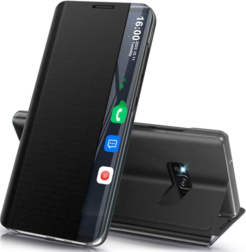 Samsung Galaxy S8 Klappbare Hülle - Dünn Spiegel Flip Leder Hard PC Stoßfest Cover mit Ständer, Clear View (Schwarz)