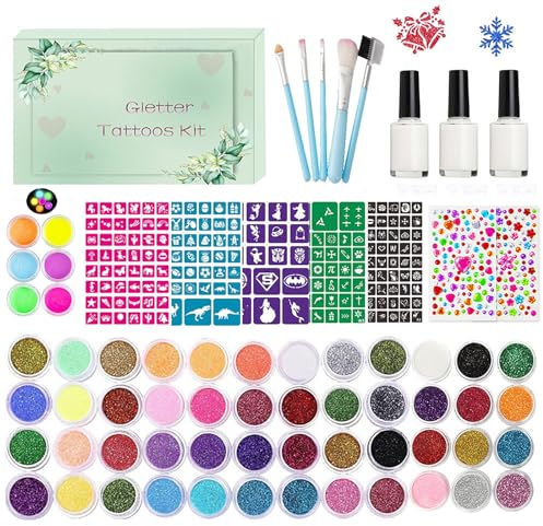 Glitzer Tattoo Set für Kinder - 48 Farben, 6 Fluoreszierende, 207 Schablonen, 2 Diamantsticker, 3 Kleber, 5 Pinsel - Kunst Make-Up Set für Geburtstag, Party, Weihnachten, Halloween