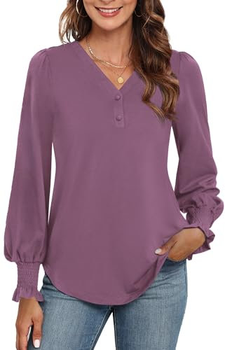 Neineiwu Bluse Damen Elegant Langarm Tops Lässig V-Ausschnitt Hemd Pullover Elegant Laternenärmel Oberteil,Mauve,XXL