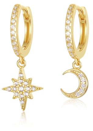 Mond Stern Ohrringe Set für Damen, Vergoldet Ohrstecker Set mit Zirkonia, Vergoldete Creolen mit Anhänger Minimalistische Earings, Creolen Ohrringe hängend für Frauen (Gold star 1)