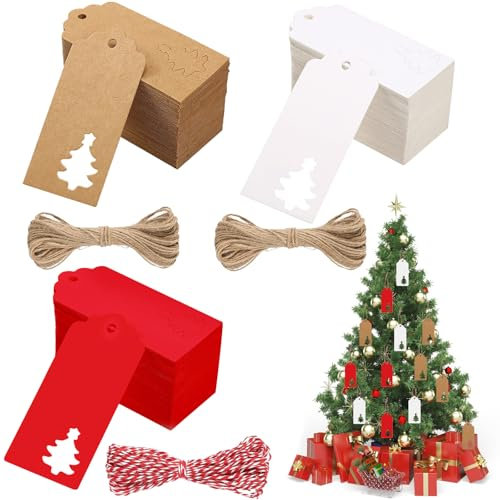 HVIERO Geschenkanhänger Weihnachten, 150 Stück Geschenkanhänger Kraftpapier und 30m Schnur, Anhänger Weihnachten für Weihnachtsgeschenke Dekoration Hochzeit Geburtstag Handmade Label