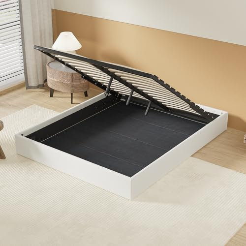 NOVEMBER Lit Coffre, Sommier à Lattes en Bois Flexible, Cadre en Tissu Blanc crème, lit Stable et Solide. Grand Espace de Rangement sous Le lit. (Blanc, 140 x 200 cm)