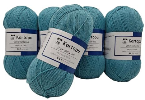 Sockenwolle Strumpfwolle einfarbig 4 fädig - 5x100gr Sparset - Strumpfwolle ist filzfrei und maschinenwaschbar, Lauflänge per Knaul 420m / 100gr - Farbe: (türkis)
