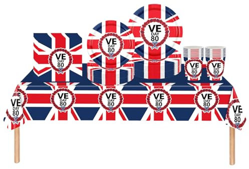 69Pcs VE Day 80th Anniversary Celebration Tableware Set - Paper Plates, Cups and Napkins, Memorabilia Tablecloth, Victory in Europe Dinnerware Kit for Party Décor