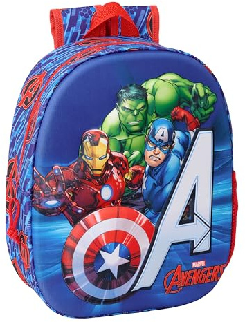 safta AVENGERS Sac à dos d'école 3D, design 3D, adaptable au panier, idéal pour les enfants de différents âges, confortable et polyvalent, qualité et résistance, 27 x 10 x 33 cm, bleu foncé/rouge, M