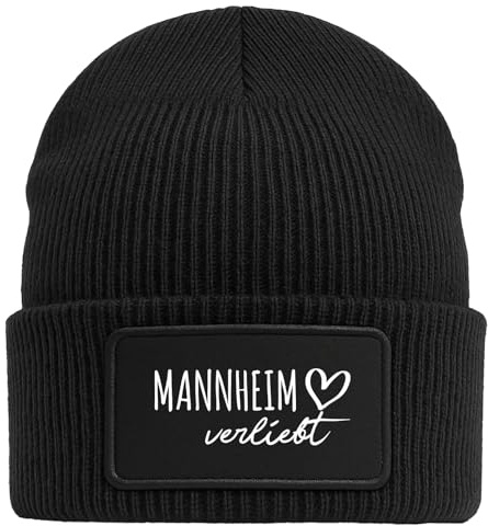 Huuraa Beanie Mannheim verliebt Geschenk | Black Geschenkidee Schwarze Rippstrick Wintermütze mit austauschbarem Klett Patch