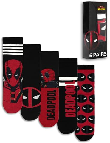 Marvel Deadpool Men's Calf Socks Set of 5 | Graphic Design in Red & Black | Everyday Wear | Movie Character Merchandise Merch