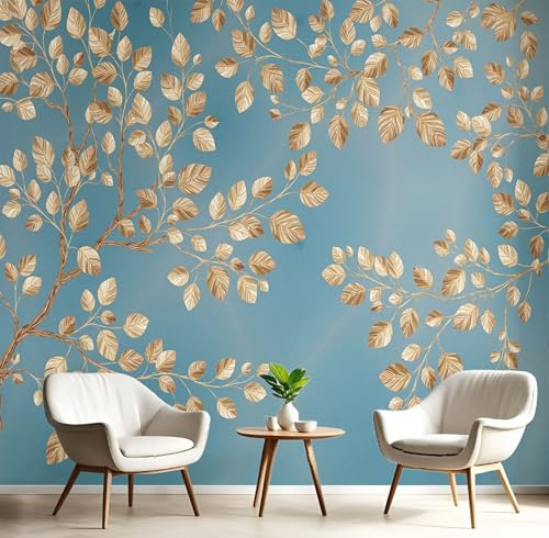 JEDTAKCT Papier Peint Panoramique Feuilles Dorées, Papier Peint Mural Photo Motif Plantes Vintage Bleu-Gris, Tapisserie Panoramique Salon, Décoration Murale Chambre, 400X280Cm