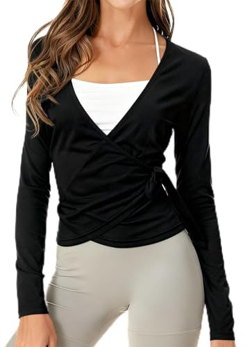ZUIMEIHQH Pilates Wrap Top, Long Sleeve T Shirt Y2k Ballet Cardigan for Women UK, V Neck Wrap Top for Pilates Yoga Ballet Sport