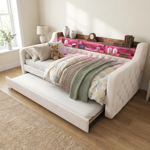Tufted Day Bed with Trundle, 3ft Pull Out Bed with Storage, LED Ambiance & USB-C Port, Single Guest Bed with 12 Wooden Slats & Sturdy Metal Frame for Living Room, Youth Rooms, Beige(No Mattress)
