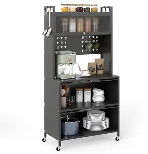 COSTWAY Meuble Cuisine Rangement 5 Niveaux, Etagere Rangement en Fer, Portes Battantes, Panneau Perforé, 10 Crochets, Armoire Cuisine à Roulette, Support Micro-Ondes (80 x 40 x 164 cm,Gris)
