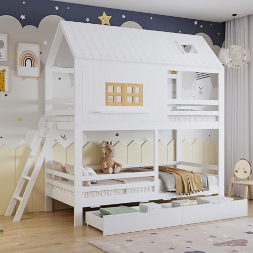 YuQozii Litera, cama infantil, con hermosas ventanas y techo, somier de listones estable y escalera, con dos cajones grandes, pino + MDF, madera contrachapada, blanco y natural, 90 x 200 cm