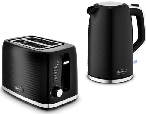 Swan Wave Kettle and Toaster Set in Black – 1.7L Rapid Boil Kettle and 2 Slice Toaster. Textured Ripple Design with Chrome Accents
