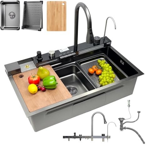 Fregadero de cocina de acero inoxidable, 80 x 45 cm, color negro con grifo multifunción, 1 lavabo con grifo extensible, tubo de drenaje, sifón, lavavajillas para vasos, fregadero grande