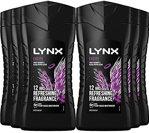 6 Pack of 225ml Lynx 12 Hour Refreshing Excite Crisp Coconut and Black Pepper Body wash for Feeling Clean and Fresh with Plant-based Moisturisers