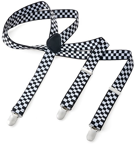 Herren Damen Long Hosenträger Y Form Style 3er Clips elastisch Schmal Unifarbe und Bunt mit verschiedenen Motiv, Mehrfarbig (Schwarz Weiss Gitter),Gr. One Size