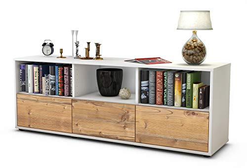 Stil.Zeit TV Schrank Lowboard Amalia, Korpus Weiss matt, Front Holz Design Pinie (135x49x35cm), Push to Open Technik & Leichtlaufschienen