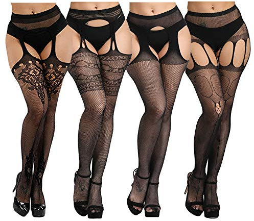 DRESHOW 4 Pares Mujeres Sexy Elástico Medias de Cintura Alta Medias de Rejilla de Calcetines Medias de Malla Pantimedias