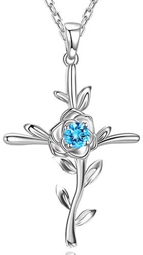 GinoMay Christmas Birthday Gifts Women December Birthstone Necklace Blue Topaz Mum Wife Love Rose Flower Hope Leaves Jewellery Her Sterling Silver