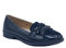 Mocassini da donna in similpelle verniciata - Scarpe piatte eleganti e confortevoli interni in pelle con frange e fiocco, Blu marino, 37 EU
