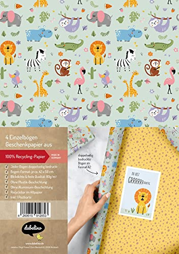 Geschenkpapier-Set für Kinder: Dschungel, Safari Tiere, Zoo: 4x Einzelbögen + 1x Postkarte Löwe