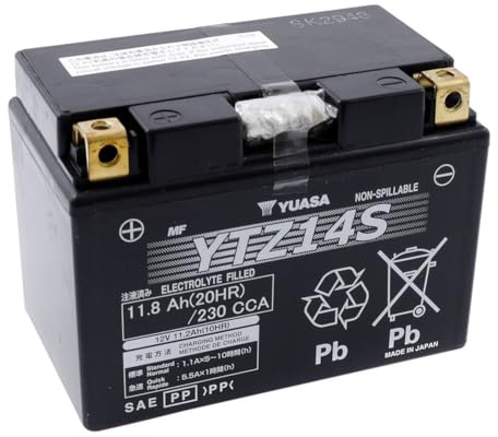 Yuasa YTZ14S AGM Motorradbatterie, wartungsfrei, 12 V, 11,2 Ah, Maße: 150 x 87 x 110 mm, kompatibel für Honda NV750, Shadow Slasher 750 2001