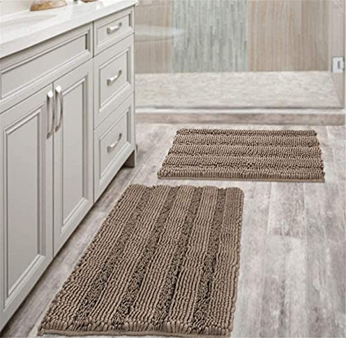 Badezimmerteppiche Badematten Sets Super Absorbierende Chenille-gestreifte Badematten rutschfeste Maschinenwäsche Trockenteppiche Für Badezimmerboden Set Von 2 (Braun,81x50cm+43x61cm)