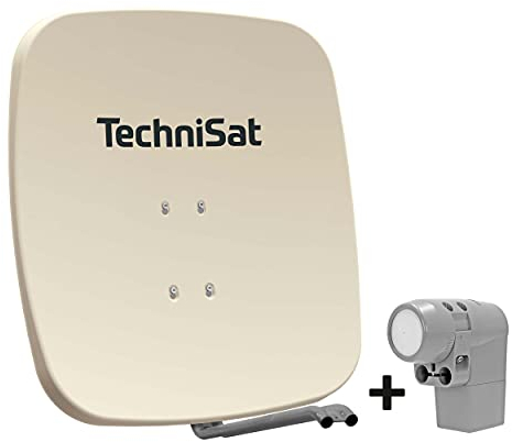 TechniSat SATMAN 65 PLUS – Satellitenschüssel für 4 Teilnehmer (65 cm Sat Komplettanlage, Spiegel mit Masthalterung und UNYSAT Universal-Quattro-Switch LNB im Wetterschutz-Gehäuse) beige