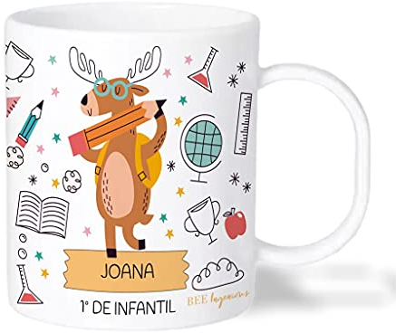 Bee Ingenious Taza PLÁSTICO infantil personalizada. Tazas nombre Vuelta al Cole infantil. Tazas con nombre. Tazas desayuno niños. Varios Diseños a Elegir. Colección: Vuelta al cole. (Reno y Conejo)