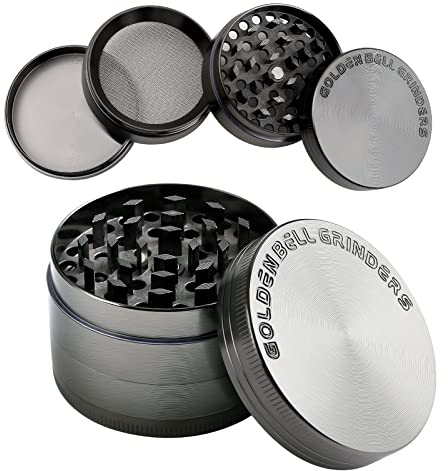 Golden Bell Grinder Crusher 4-teiliges Set Mühle mit Scraper Pollen Spice Kräuter Gewürze Herb Krautmühle als Geschenk für Vater Freund Mann (Nickel-Schwarz, 2 x 1,4 Inch)