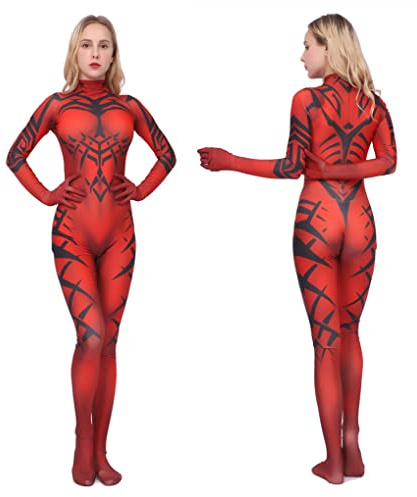 Masfrida Darth Talon Kostüm für Damen, Body, roter bedruckter Overall, Sith-Krieger, Cosplay, Einteiler, Halloween, Karneval, Outfit (Größe M)