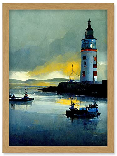 Doppelganger33 LTD Scottish Harbour Fishing Boats Lighthouse Modern Artwork Framed Wall Art Print A4