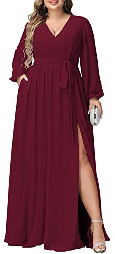 KURFACE Out Door Bridal Gowns Wedding Bridesmaid Dresses Long Sleeve Formal Party Gowns Burgundy UK12