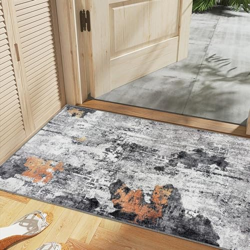 CHOSHOME Waschbarer Teppich Wohnzimmer 60x110CM Klein Teppich Kurzflor Schlafzimmer Teppich Abstrakt Teppich rutschfest Teppich fur In und Outdoor Teppich Esszimmer Weicher Teppich Schwarz