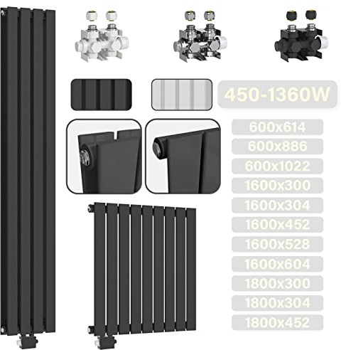 Aquamarin® Heizkörper - Vertikal, Flach, 1600x304x69 mm, Doppellagig, 1/2 Zoll, Mittelanschluss, Stahl, Anthrazit - Badheizkörper Handtuchhalter, Design Flachheizkörper, Heizung, Bad, Badezimmer