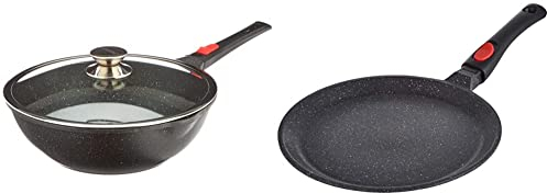 KAMBERG - Wok 30 cm - Manche Amovible - Fonte d'Aluminium - Revêtement pierre - Couvercle en Verre - Tous Feux dont Induction - Sans PFOA & Crêpière 28 cm - Manche Amovible - Fonte d'Aluminium