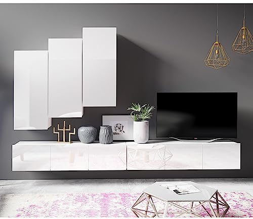 Lomadox Wohnwand Anbauwand weiß Hochglanz 5-teilig Modern, mit 2 TV-Lowboards, 3 Hängeschränke