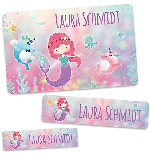 GRAVURZEILE Schuletiketten - Meerjungfrau - Personalisiert mit Namen - 100 Aufkleber in 3 Größen für das Beschriften von Schulsachen Hefte Bücher - Geschenk zum Schulanfang zur Einschulung