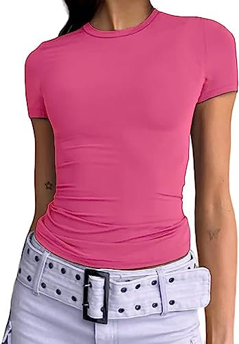 Kukeyiee Femmes Basique Slim Fit T-Shirt Top À Manches Courtes Y2K Tops TikTok Influence Crop Top Club Party Streetwear(Pink-1, S)