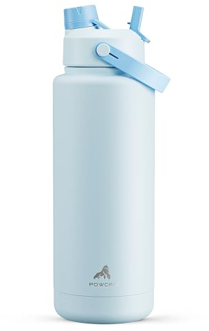 POWCAN 40 oz Insulated Water Bottle with 2-in-1 Straw and Spout Lid, Keep Cold 24H, Leak-Proof, BPA-Free, Double Wall Stainless Steel Water Bottle for Sports, Gym, Travel, and School (Sea Breeze)